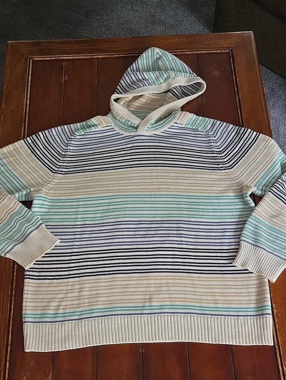 L.L. Bean Striped Hooded Sweater in White, Navy & Light Blue